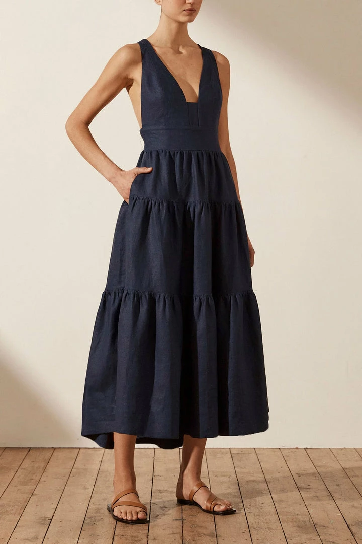 Shona Joy LIGIA LINEN PLUNGED CROSS BACK MIDI DRESS - NAVY