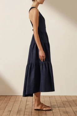 Shona Joy LIGIA LINEN PLUNGED CROSS BACK MIDI DRESS - NAVY