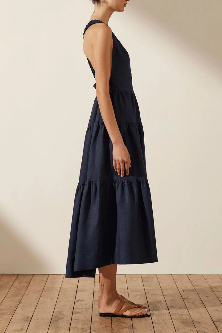 Shona Joy LIGIA LINEN PLUNGED CROSS BACK MIDI DRESS - NAVY