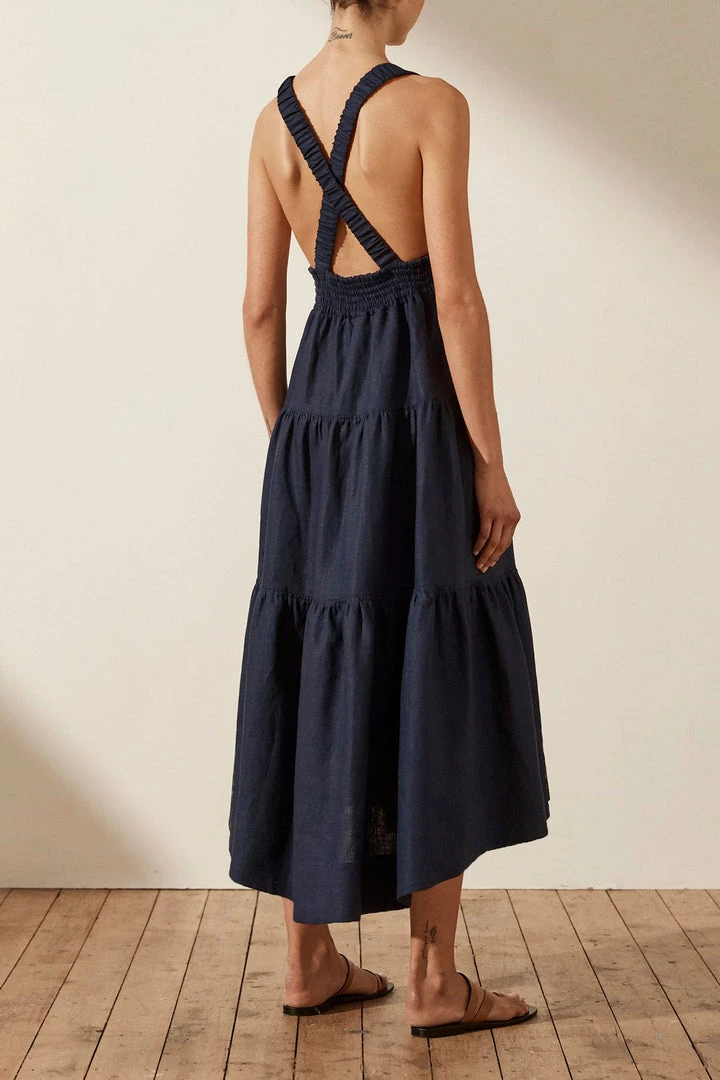 Shona Joy LIGIA LINEN PLUNGED CROSS BACK MIDI DRESS - NAVY