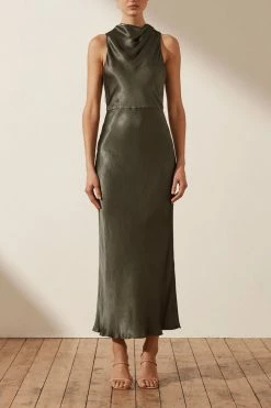 Shona Joy LA LUNE HIGH NECK MIDI DRESS - OLIVE