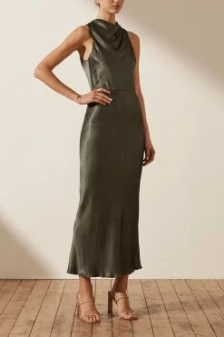 Shona Joy LA LUNE HIGH NECK MIDI DRESS - OLIVE