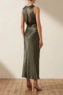 Shona Joy LA LUNE HIGH NECK MIDI DRESS - OLIVE