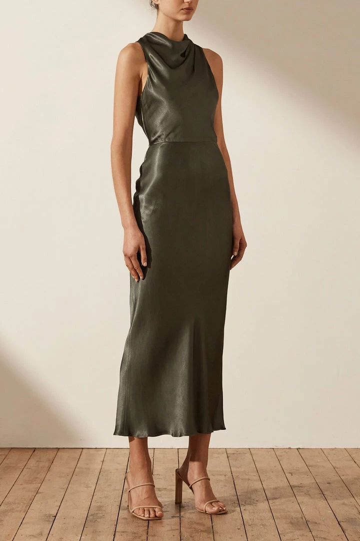Shona Joy LA LUNE HIGH NECK MIDI DRESS - OLIVE