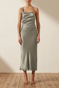 Shona Joy LA LUNE ASYMMETRICAL BIAS COWL MIDI DRESS - SAGE DRESSES