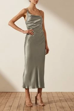 Shona Joy LA LUNE ASYMMETRICAL BIAS COWL MIDI DRESS - SAGE DRESSES