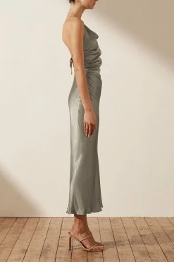 Shona Joy LA LUNE ASYMMETRICAL BIAS COWL MIDI DRESS - SAGE DRESSES