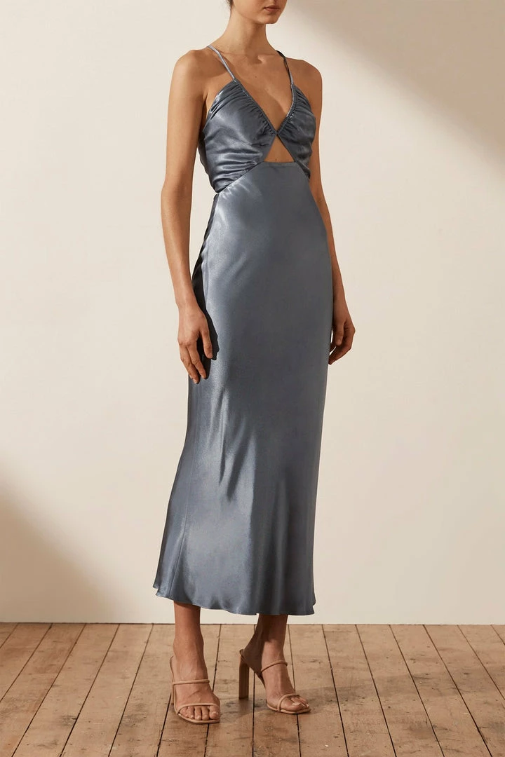 Shona Joy DRESSES LA LUNE RUCHED BODICE MIDI DRESS - BLUE SMOKE