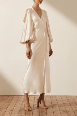 Shona Joy LA LUNE FULL SLEEVE WRAP MIDI DRESS - CREAM DRESSES