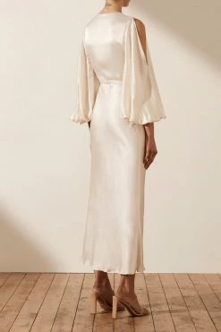 Shona Joy LA LUNE FULL SLEEVE WRAP MIDI DRESS - CREAM DRESSES