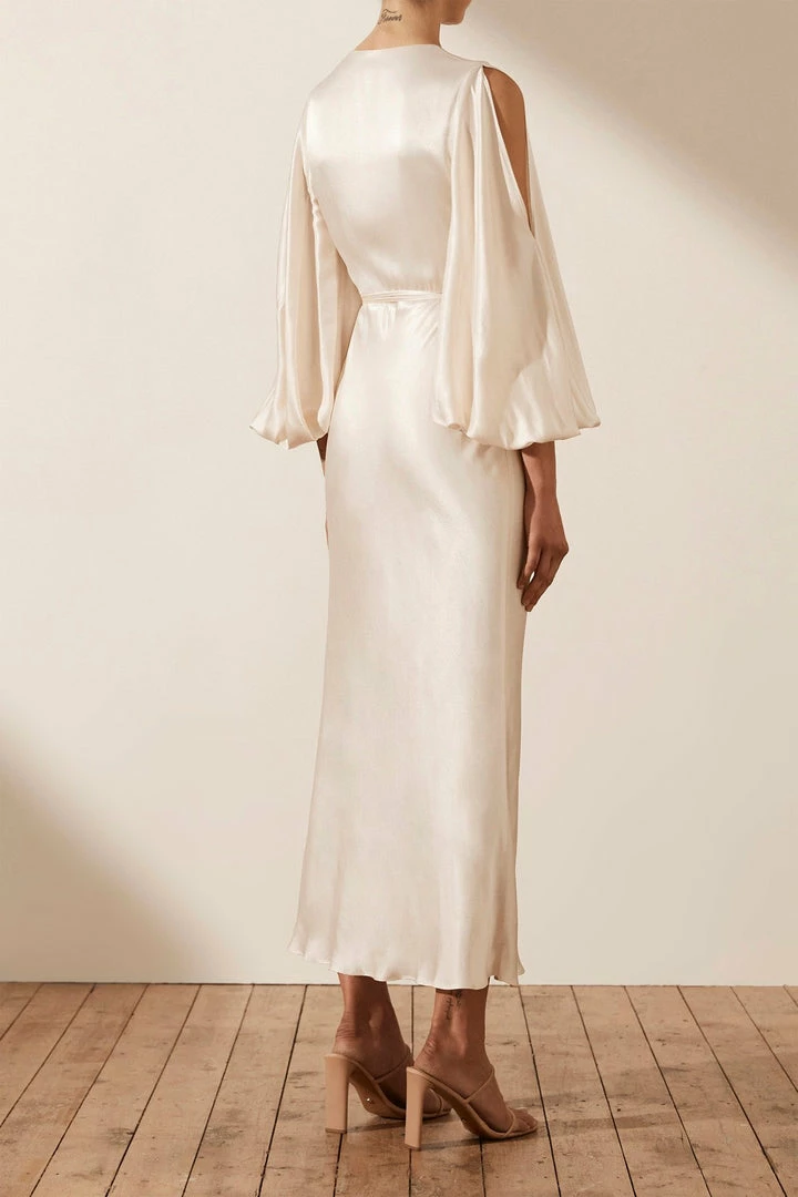 Shona Joy LA LUNE FULL SLEEVE WRAP MIDI DRESS - CREAM DRESSES