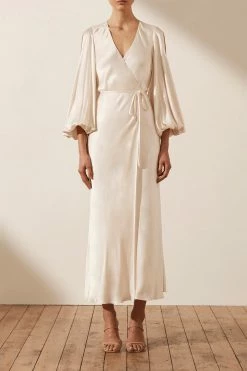 Shona Joy LA LUNE FULL SLEEVE WRAP MIDI DRESS - CREAM DRESSES