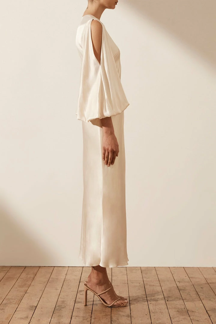 Shona Joy LA LUNE FULL SLEEVE WRAP MIDI DRESS - CREAM DRESSES