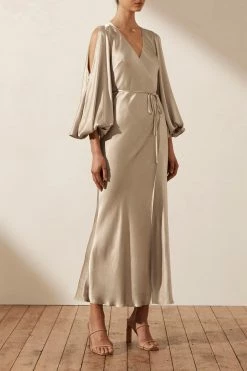 Shona Joy DRESSES LA LUNE FULL SLEEVE WRAP MIDI DRESS - GOLD