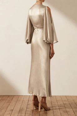 Shona Joy DRESSES LA LUNE FULL SLEEVE WRAP MIDI DRESS - GOLD