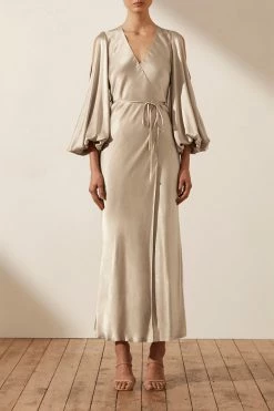 Shona Joy DRESSES LA LUNE FULL SLEEVE WRAP MIDI DRESS - GOLD