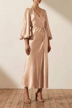 Shona Joy LA LUNE FULL SLEEVE WRAP MIDI DRESS - DESERT ROSE DRESSES