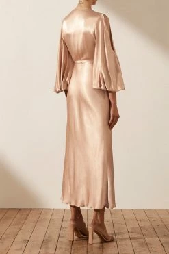Shona Joy LA LUNE FULL SLEEVE WRAP MIDI DRESS - DESERT ROSE DRESSES