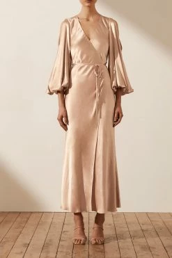Shona Joy LA LUNE FULL SLEEVE WRAP MIDI DRESS - DESERT ROSE DRESSES