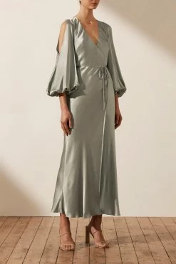 Shona Joy LA LUNE FULL SLEEVE WRAP MIDI DRESS - SAGE