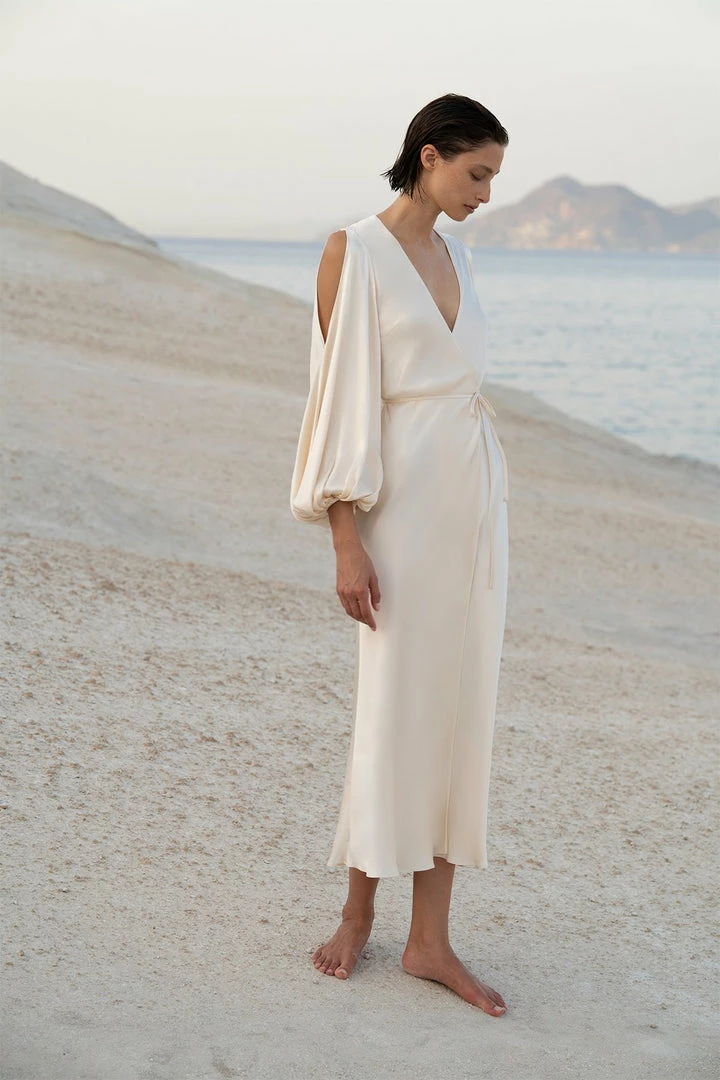 Shona Joy LA LUNE FULL SLEEVE WRAP MIDI DRESS - CREAM DRESSES