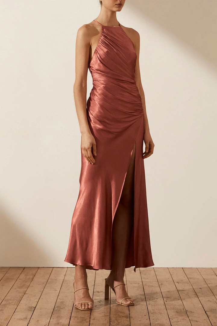 Shona Joy DRESSES LA LUNE GATHERED SQUARE NECK BIAS MIDI DRESS - TERRACOTTA