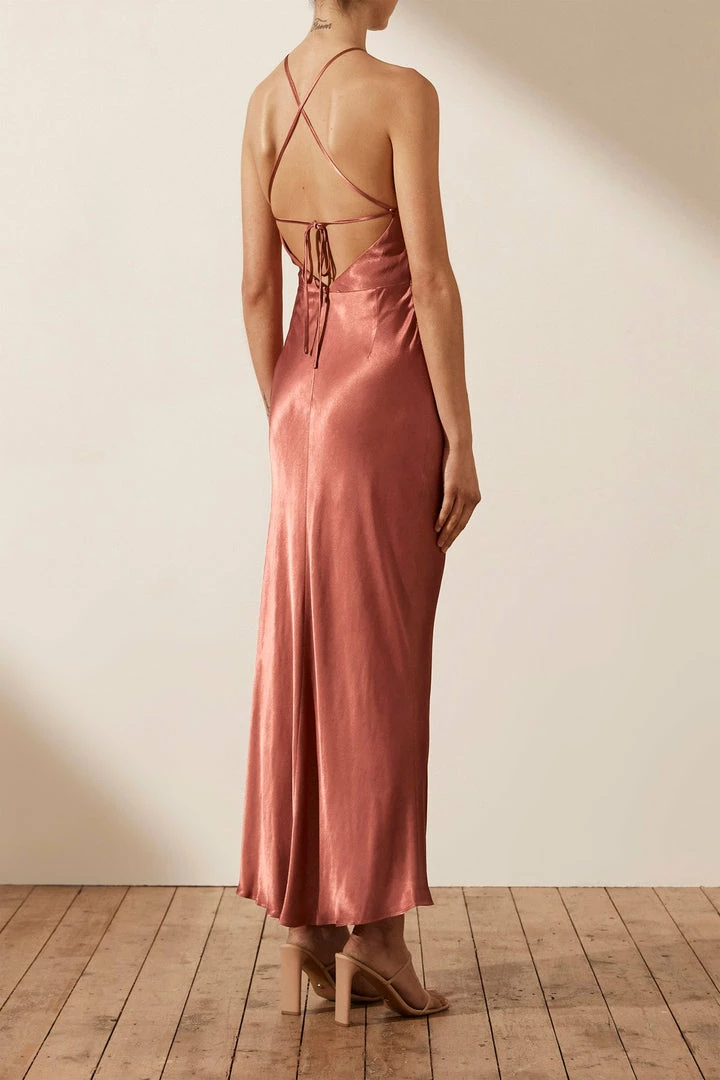 Shona Joy DRESSES LA LUNE GATHERED SQUARE NECK BIAS MIDI DRESS - TERRACOTTA