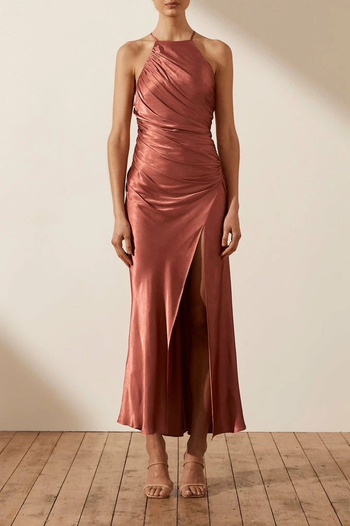 Shona Joy DRESSES LA LUNE GATHERED SQUARE NECK BIAS MIDI DRESS - TERRACOTTA