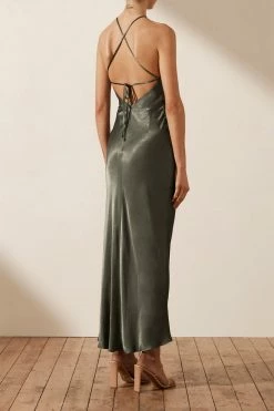 Shona Joy LA LUNE GATHERED SQUARE NECK BIAS MIDI DRESS - OLIVE DRESSES