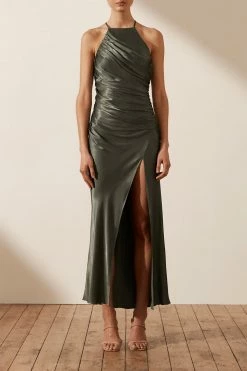 Shona Joy LA LUNE GATHERED SQUARE NECK BIAS MIDI DRESS - OLIVE DRESSES