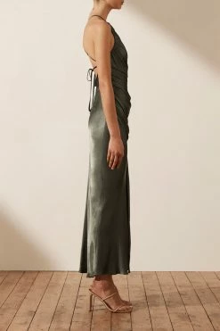 Shona Joy LA LUNE GATHERED SQUARE NECK BIAS MIDI DRESS - OLIVE DRESSES