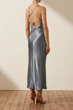 Shona Joy DRESSES LA LUNE ASYMMETRICAL BIAS COWL MIDI DRESS - BLUE SMOKE