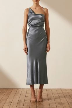 Shona Joy DRESSES LA LUNE ASYMMETRICAL BIAS COWL MIDI DRESS - BLUE SMOKE