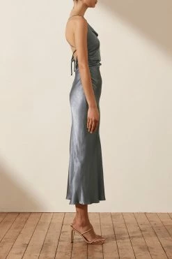 Shona Joy DRESSES LA LUNE ASYMMETRICAL BIAS COWL MIDI DRESS - BLUE SMOKE