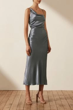 Shona Joy DRESSES LA LUNE ASYMMETRICAL BIAS COWL MIDI DRESS - BLUE SMOKE