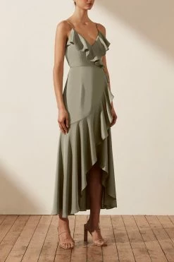Shona Joy LUXE BIAS FRILL WRAP DRESS - EUCALYPTUS