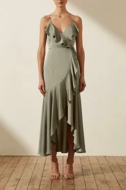 Shona Joy LUXE BIAS FRILL WRAP DRESS - EUCALYPTUS
