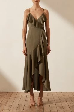 Shona Joy DRESSES LUXE BIAS FRILL WRAP DRESS - PINE