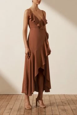 Shona Joy LUXE BIAS FRILL WRAP DRESS - MOCHA DRESSES