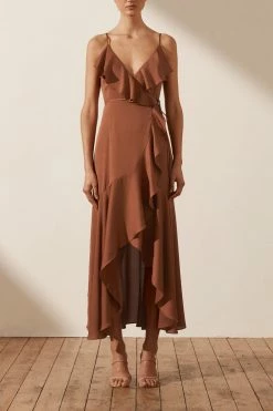 Shona Joy LUXE BIAS FRILL WRAP DRESS - MOCHA DRESSES