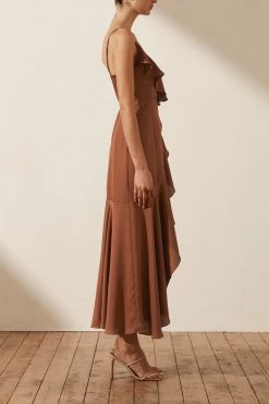 Shona Joy LUXE BIAS FRILL WRAP DRESS - MOCHA DRESSES