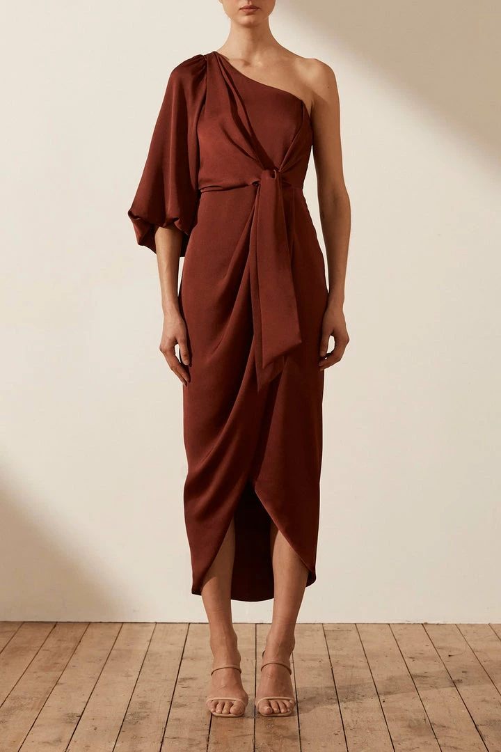 Shona Joy DRESSES LUXE TIE FRONT ONE SHOULDER DRESS - SANGRIA