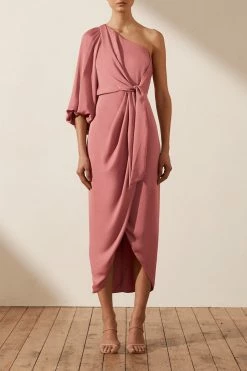 Shona Joy LUXE TIE FRONT ONE SHOULDER DRESS - ROSE DRESSES