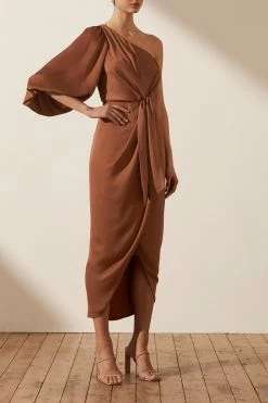 Shona Joy LUXE TIE FRONT ONE SHOULDER DRESS - MOCHA DRESSES