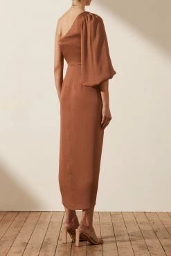 Shona Joy LUXE TIE FRONT ONE SHOULDER DRESS - MOCHA DRESSES