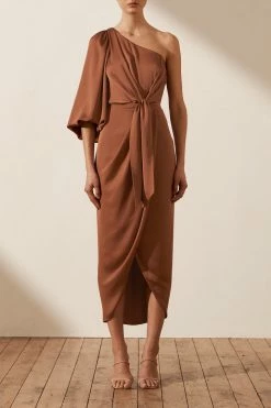 Shona Joy LUXE TIE FRONT ONE SHOULDER DRESS - MOCHA DRESSES