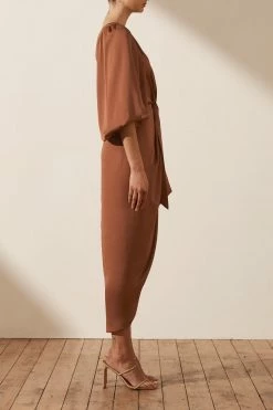 Shona Joy LUXE TIE FRONT ONE SHOULDER DRESS - MOCHA DRESSES