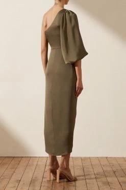 Shona Joy LUXE TIE FRONT ONE SHOULDER DRESS - PINE DRESSES