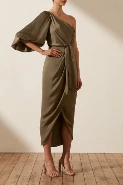 Shona Joy LUXE TIE FRONT ONE SHOULDER DRESS - PINE DRESSES