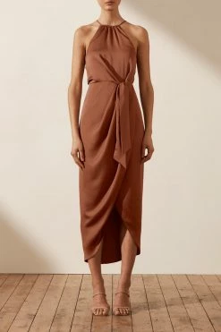 Shona Joy LUXE TIE FRONT SLEEVELESS MIDI DRESS - MOCHA